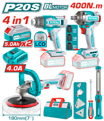 TOTAL COMBO INALAMBRICO 20V POLICHADORA 7" + LLAVE DE IMPACTO 1/2" 400 N.M + PISTOLA DE CALOR + LINTERNA 300 LUMENES + 2 BATERIAS 5 AMP UTOSLI241182