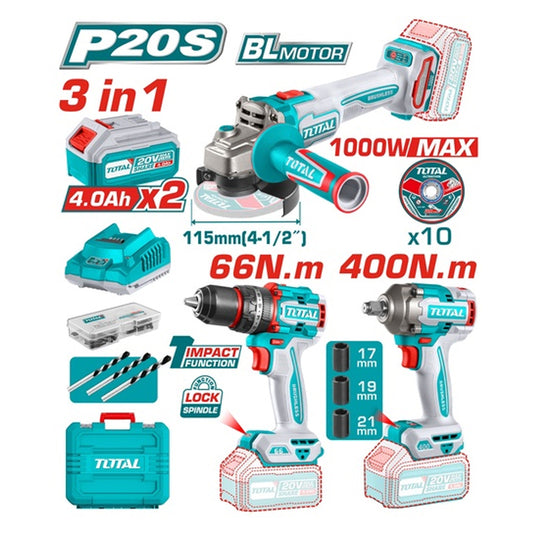 TOTAL COMBO 20V TALADRO 1/2 66NM + PULIDORA 4 1/2 1000W + PISTOLA IMPACTO 1/2 400NM + 2 BATERIAS 4.0AH, CARGADOR Y ACCESORIOS UTOSLI241291