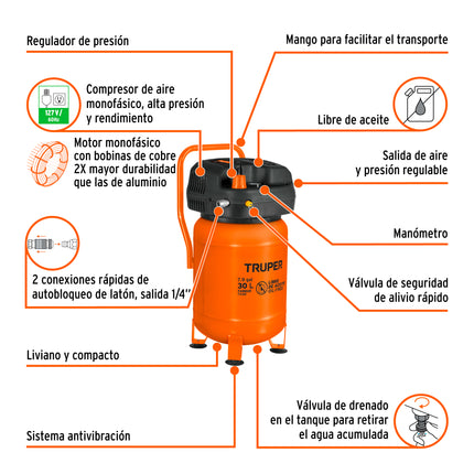 TRUPER COMPRESOR DE AIRE 30L 116 PSI 13836 COMP-30S