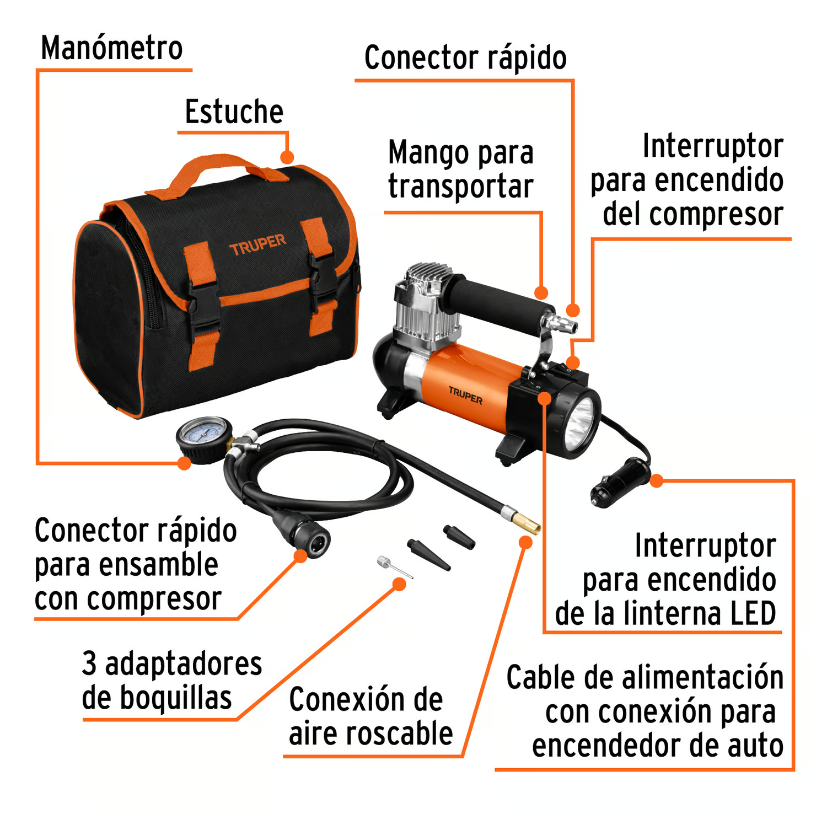 TRUPER COMPRESOR DE AIRE PORTATIL CON LINTERNA DE LED 12V 19999