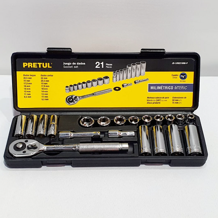 PRETUL JUEGO DE DADOS O COPAS 21 PIEZAS - JD-3/8X21MM-P