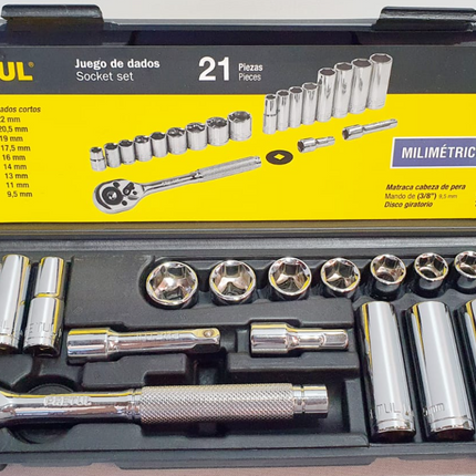 PRETUL JUEGO DE DADOS O COPAS 21 PIEZAS - JD-3/8X21MM-P