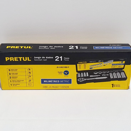 PRETUL JUEGO DE DADOS O COPAS 21 PIEZAS - JD-3/8X21MM-P