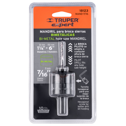 TRUPER MANDRIL PARA BROCA SIERRAS BIMETALICAS 7/16" MAND-7/16 - 18123