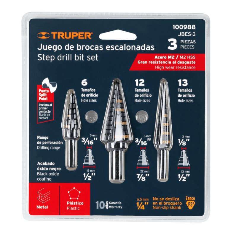 TRUPER JUEGO DE BROCAS ESCALONADAS 3 PIEZAS 100988