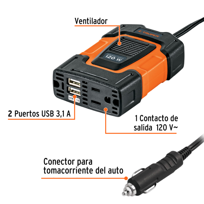 TRUPER INVERSOR DE CORRIENTE 120W CON PUERTOS USB 10447