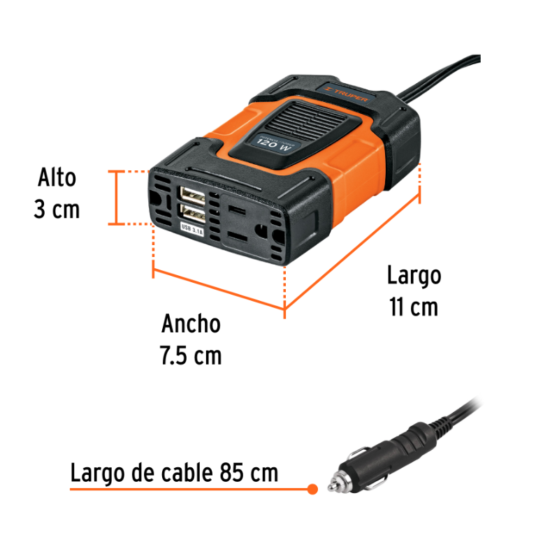 TRUPER INVERSOR DE CORRIENTE 120W CON PUERTOS USB 10447