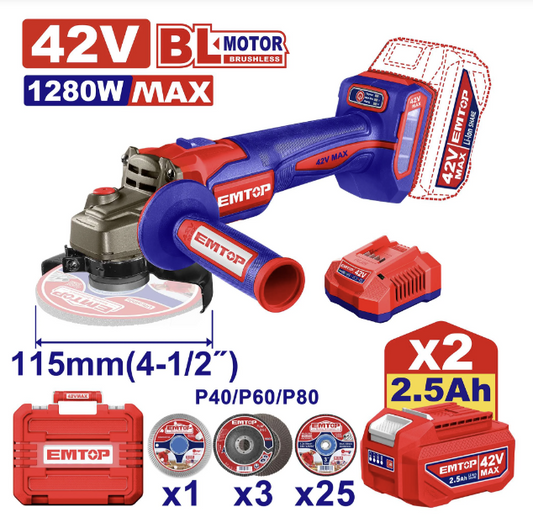 EMTOP PULIDORA ANGULAR INDUSTRIAL INALAMBRICA 42V ULAG4128112