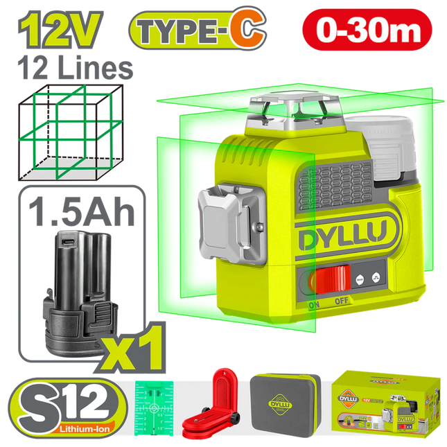 DYLLU NIVEL LASER 0-30M 12V LUZ VERDE 3D 12 LINEAS RECARGABLE TIPO USB-C DTLE8M12