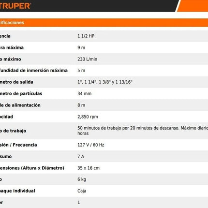 TRUPER BOMBA SUMERGIBLE  AGUA SUCIA PLASTICA 1 1/2 HP 12604