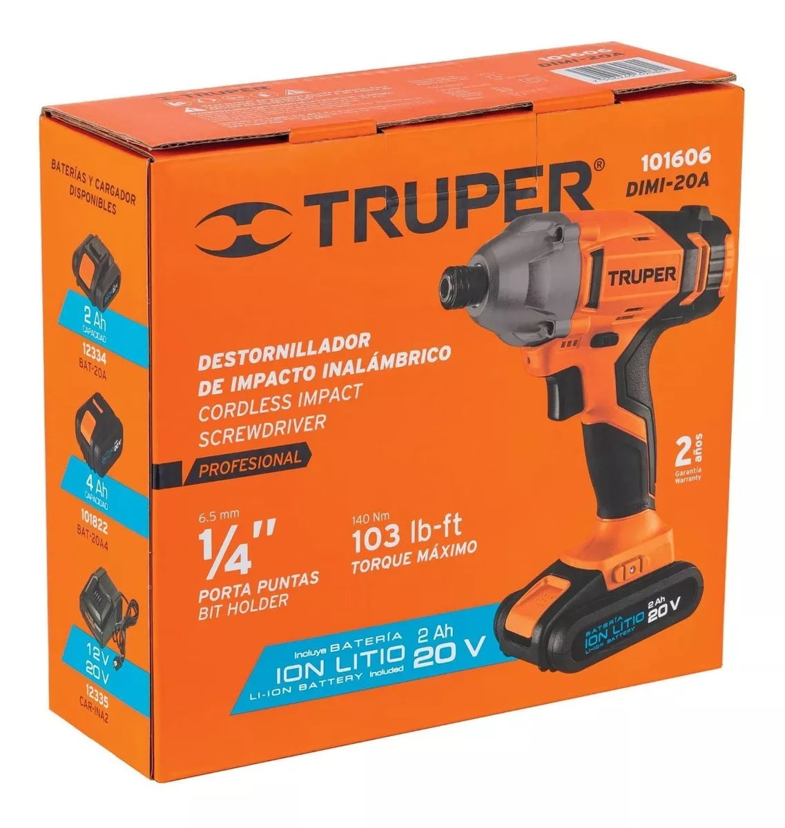 TRUPER DESTORNILLADOR INALAMBRICO DE IMPACTO 20V 1/4" DIMI-20A