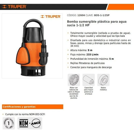 TRUPER BOMBA SUMERGIBLE  AGUA SUCIA PLASTICA 1 1/2 HP 12604