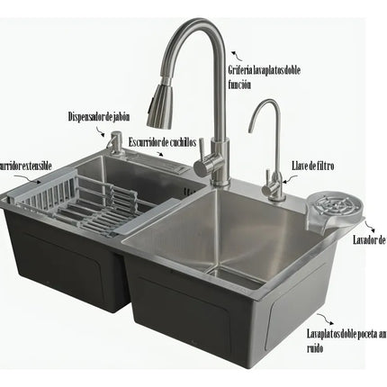 I.O LAVAPLATOS DOBLE EN ACERO INOX