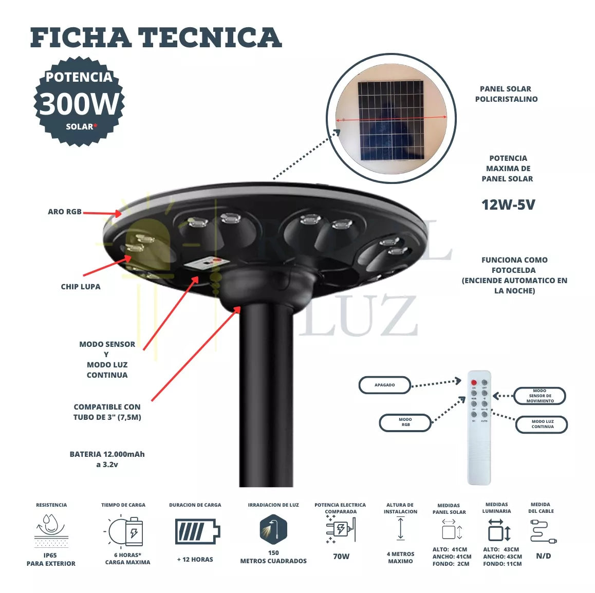 LAMPARA SOLAR 300W UFO CON TUBO 430MT (100MT CUADRADOS) IP65, 12HORAS DE CARGA (5V/25W) SERIES MEGAWATT CON CONTROL REMOTO