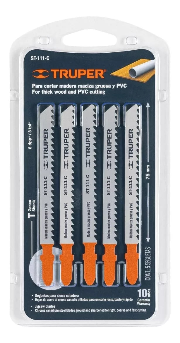 TRUPER SEGUETAS PARA SIERRA CALADORA PARA CORTAR MADERA MACIZA GRUESA Y PVC PAQUETE X 5 UNIDADES 18127