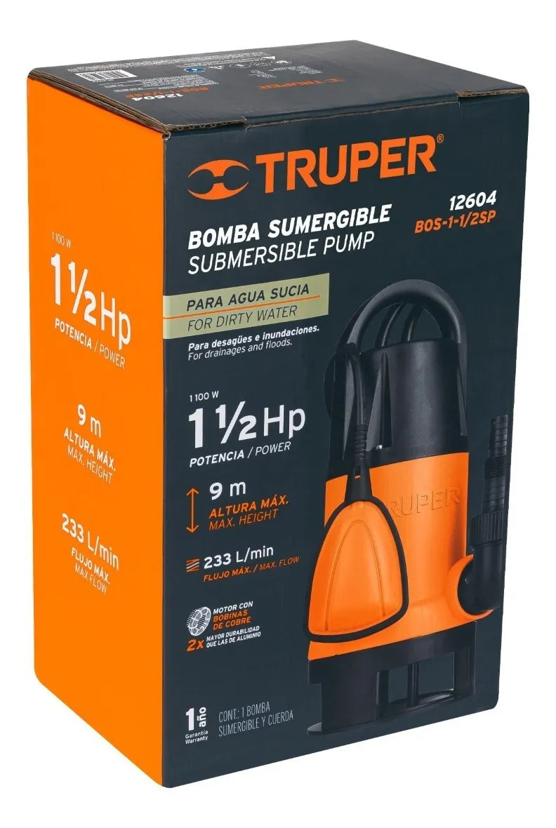 TRUPER BOMBA SUMERGIBLE  AGUA SUCIA PLASTICA 1 1/2 HP 12604