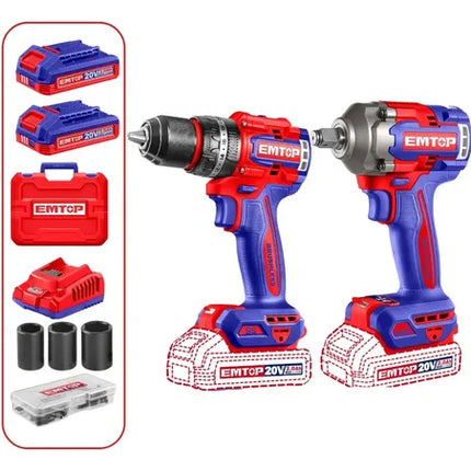 EMTOP COMBO TALADRO PERCUTOR 1/2" 20V 66 N.M + LLAVE DE IMPACTO 1/2" 405 N.M ULCKL20286