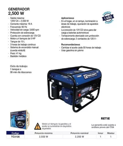 TOOLCRAFT GENERADOR ELECTRICO A GASOLINA 2500W TC3136
