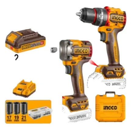 INGCO COMBO 20V TALADRO PERCUTOR INALAMBRICO 1/2" + LLAVE DE IMPACTO INALAMBRICA 1/2" UCKLI20286
