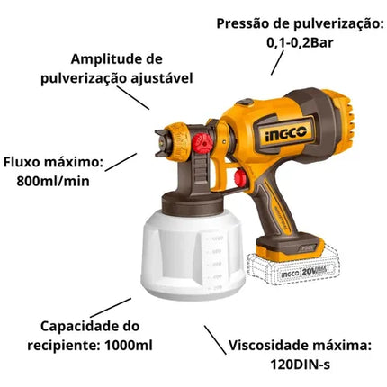 INGCO PISTOLA PARA PINTAR 20V 1000ML CON BATERIA Y CARGADOR UCSGLI20042