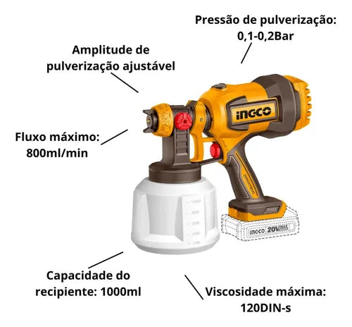 INGCO PISTOLA PARA PINTAR 20V 1000ML CON BATERIA Y CARGADOR UCSGLI20042