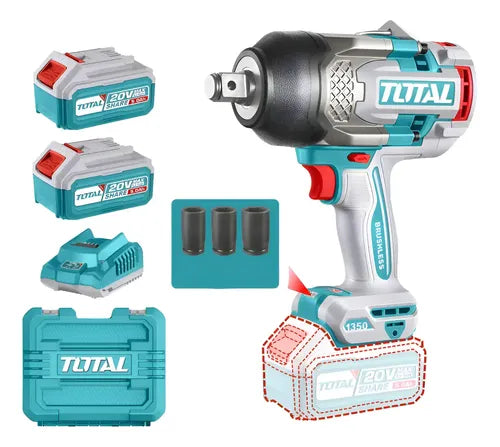 TOTAL LLAVE IMPACTO INALAMBRICA 3/4" 20V 1350 NM, 2 BATERIAS 5.0 AH, CARGADOR Y 3 COPAS UTIWLI20135