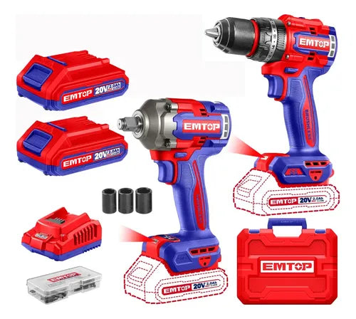 EMTOP COMBO TALADRO PERCUTOR 1/2" 20V 66 N.M + LLAVE DE IMPACTO 1/2" 405 N.M ULCKL20286