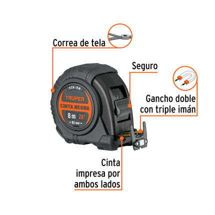 TRUPER FLEXOMETRO 8 MTS CINTA NEGRA  EXTRA ANCHA 11747