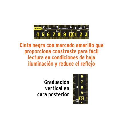 TRUPER FLEXOMETRO 8 MTS CINTA NEGRA  EXTRA ANCHA 11747
