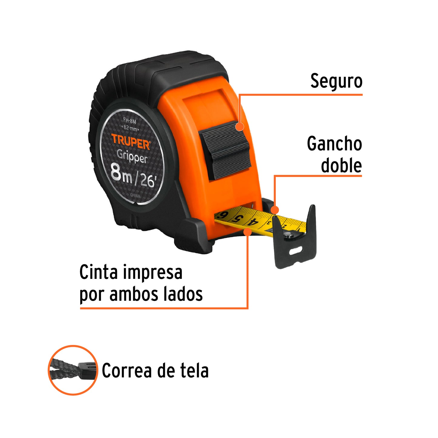 TRUPER FLEXOMETRO ENCAUCHETADO 8 MTS 14579