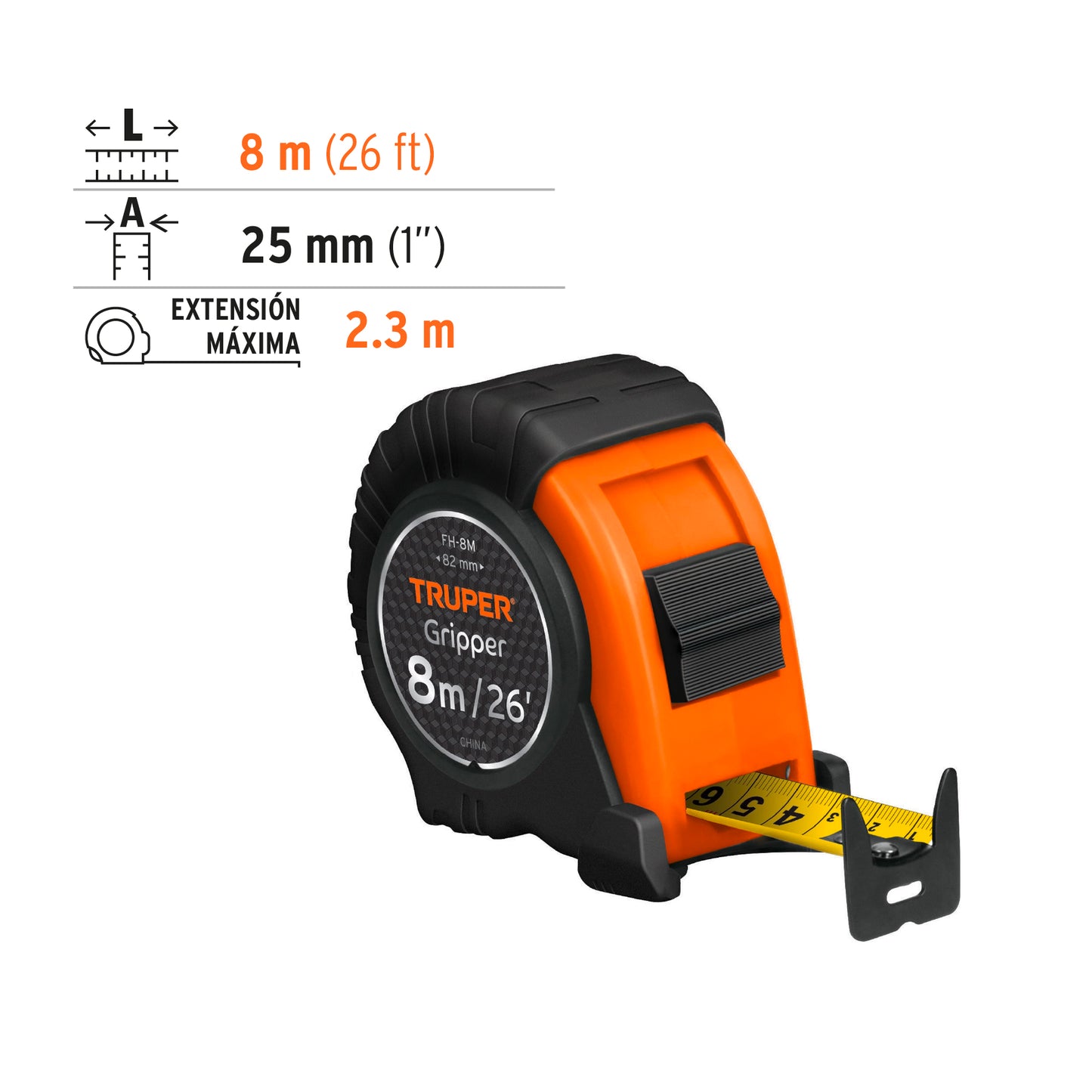 TRUPER FLEXOMETRO ENCAUCHETADO 8 MTS 14579