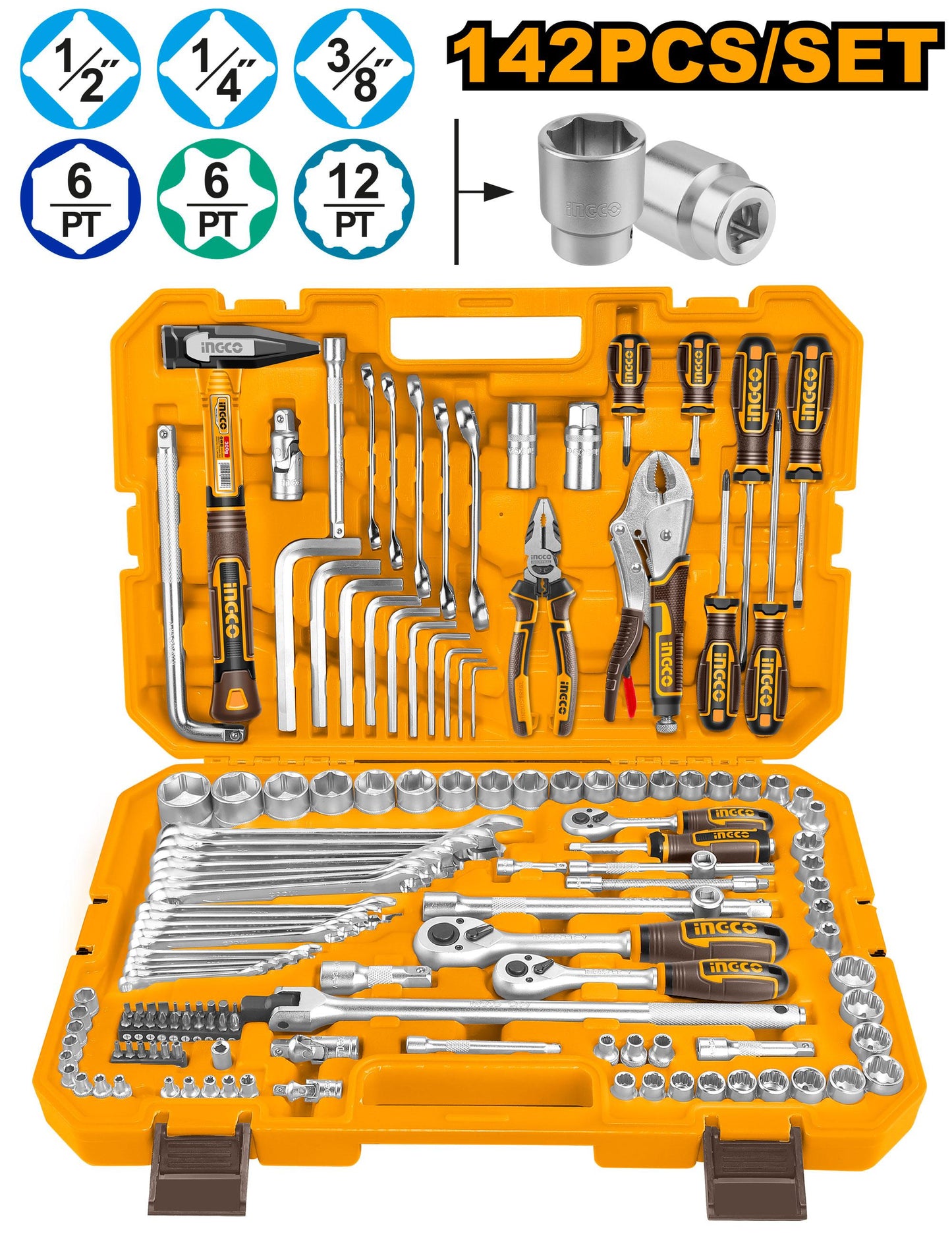 INGCO JUEGO DE COPAS Y HERRAMIENTAS 142 PCS HKTHP21421