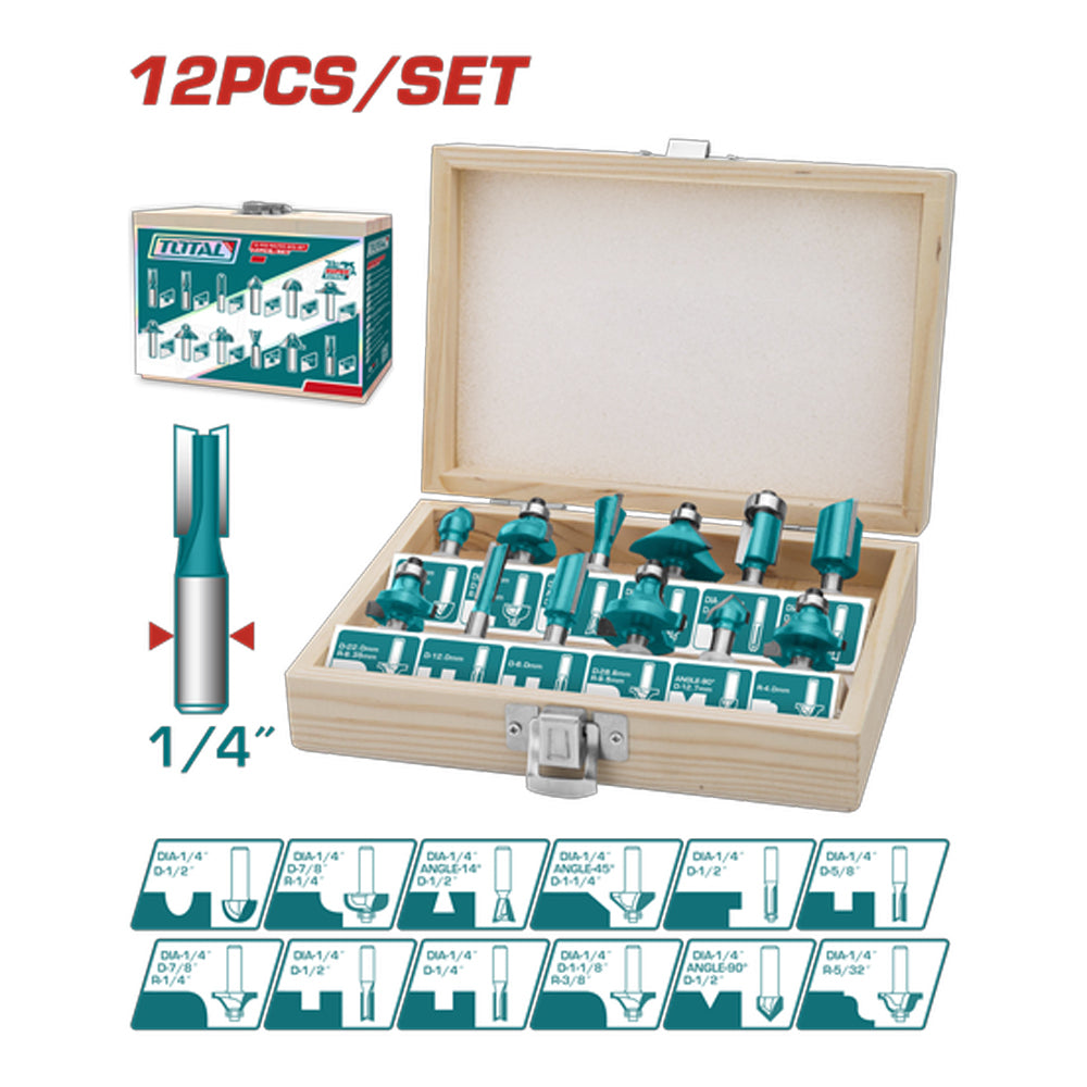 TOTAL JUEGO DE 12 FRESAS PARA RUTEADORA 1/4'' TACSRO104121