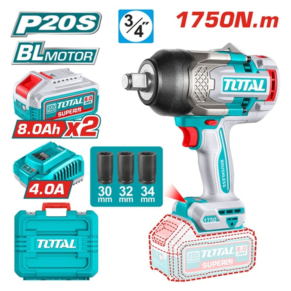 TOTAL LLAVE DE IMPACTO INALAMBRICA 3/4" 20V  1750 NM, 2 BATERIAS 8.0AH, CARGADO Y 3 COPAS UTIWLI20175