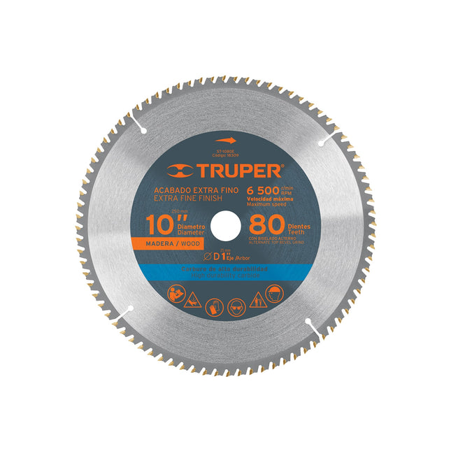 TRUPER DISCO SIERRA 10" PARA MADERA, 80 DIENTES CENTRO 1" ST-1080E 18309