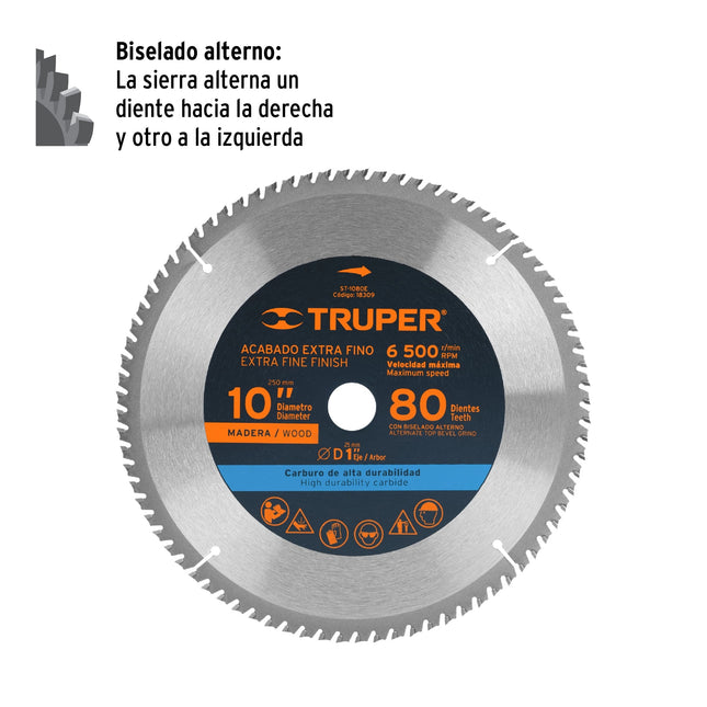 TRUPER DISCO SIERRA 10" PARA MADERA, 80 DIENTES CENTRO 1" ST-1080E 18309