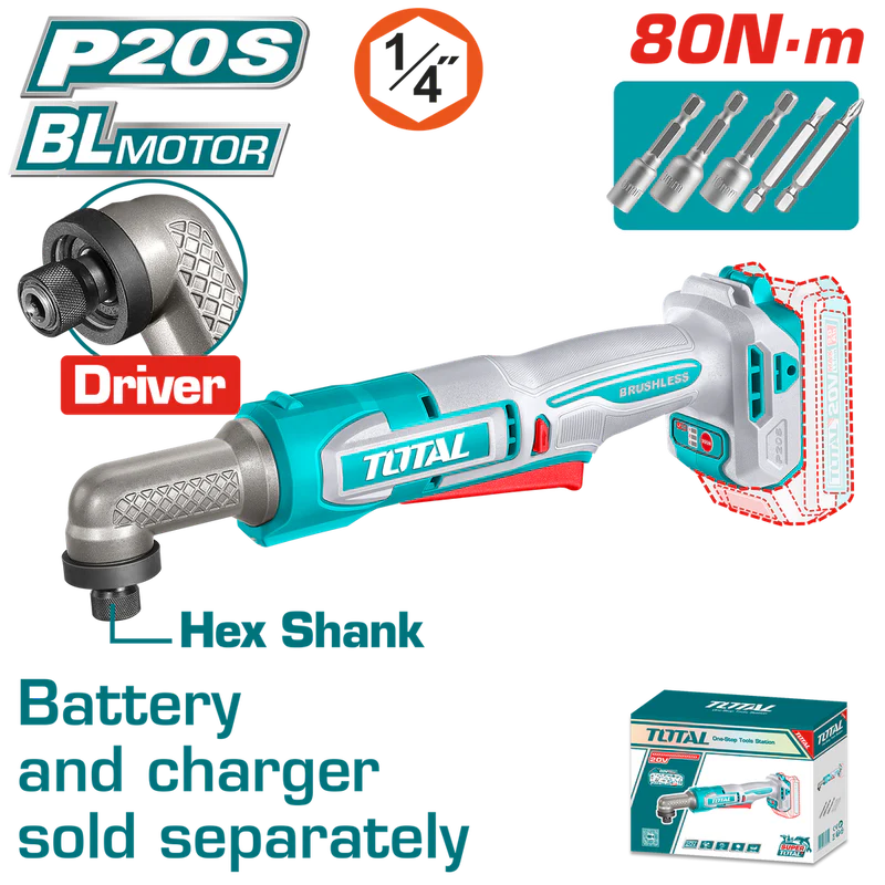 TOTAL ATORNILLADOR DE IMPACTO DE ANGULO 1/4" 20V 80NM INCLUYE ACCESORIOS INDUSTRIAL SUPER TAIRLI2081