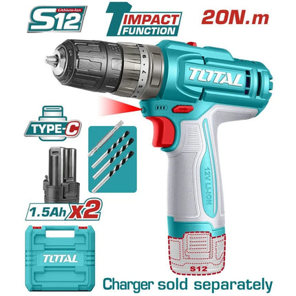 TOTAL TALADRO INALAMBRICO 1/32-3/8 12V 20 N.M INCLUYE 1 BATERIA UTDLI1218
