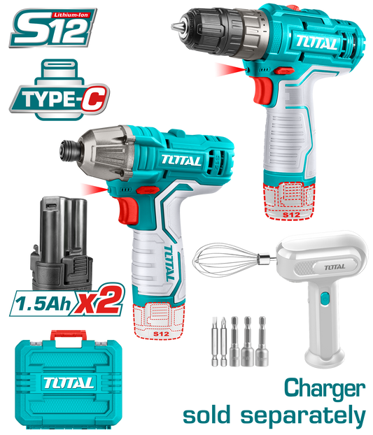 TOTAL COMBO TALADRO Y ATORNILLADOR DE IMPACTO 12V INCLUYE BATIDOR TOSLI240205