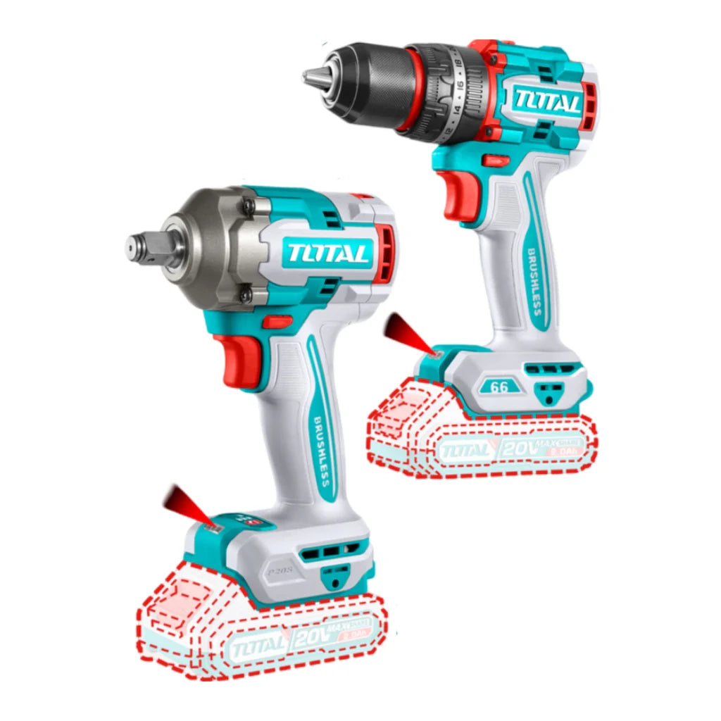 TOTAL COMBO TALADRO PERCUTOR 1/2" 20V 66 N.M Y LLAVE DE IMPACTO 20V 400 N.M UTCKLI20275