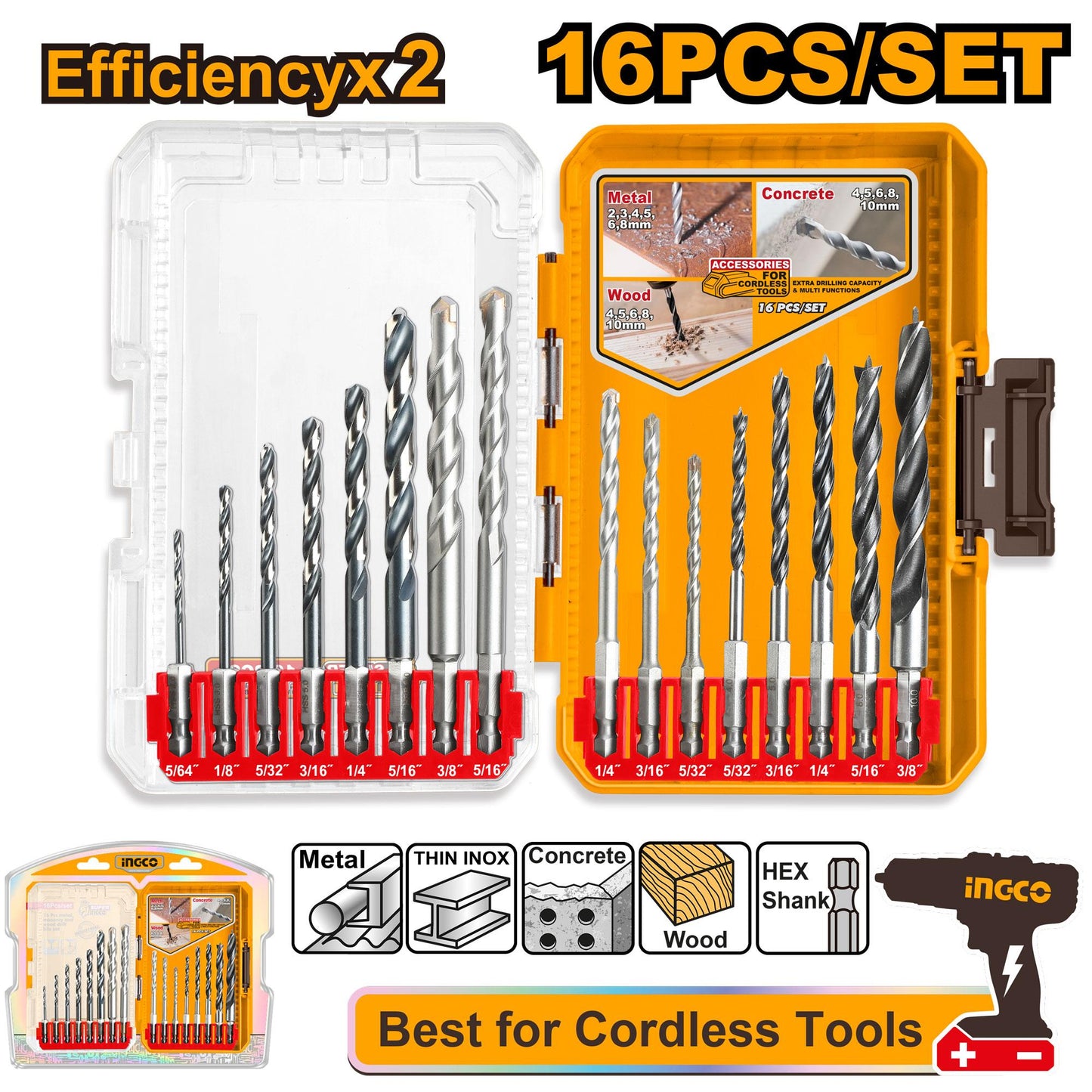 INGCO JUEGO DE BROCAS 16 PZS UAKDL11608