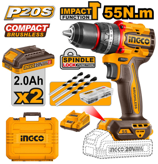INGCO TALADRO PERCUTOR INALAMBRICO 1/2" - 55 N.M - 20V - UCIDLI20558