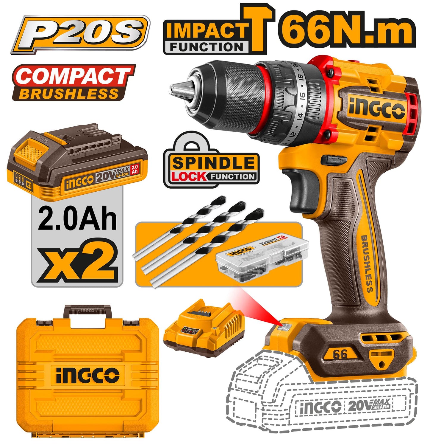 INGCO TALADRO PERCUTOR INALAMBRICO 1/2" 20V 66 N.M UCIDLI20668