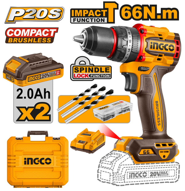 INGCO TALADRO PERCUTOR INALAMBRICO 1/2" 20V 66 N.M UCIDLI20668