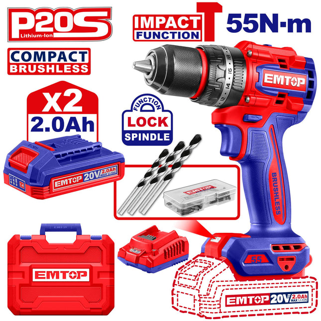 EMTOP TALADRO DE IMPACTO INALABRICO COMPACTO SIN ESCOBILLAS 20V ULCIDL20558