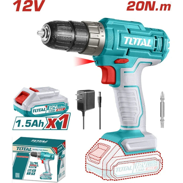 TOTAL TALADRO INALAMBRICO 1/32-3/8 12V 20 N.M INCLUYE 1 BATERIA UTDLI1218