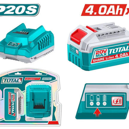 TOTAL COMBO DE BATERIA Y CARGADOR 20V 4.0AH DE IONES DE LITIO UTFBCPK1012