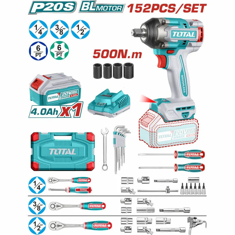 TOTAL LLAVE DE IMPACTO INALAMBRICA 1/2" 500 N.M + 152 ACCESORIOS UTHKTHP31522