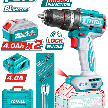 TOTAL TALADRO PERCUTOR INALAMBRICO 1/2" 20V 96 N.M UTIDLI20968