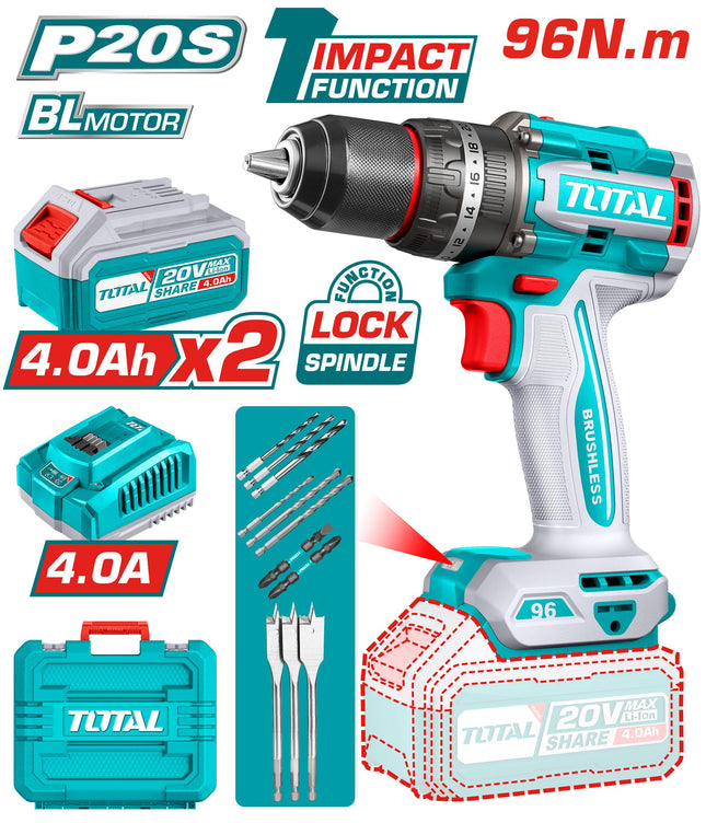 TOTAL TALADRO PERCUTOR INALAMBRICO 1/2" 20V 96 N.M UTIDLI20968
